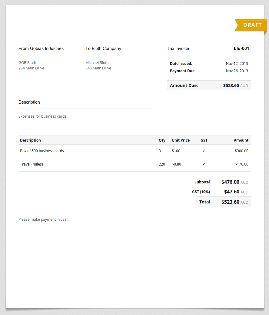 A drafted invoice for expenses