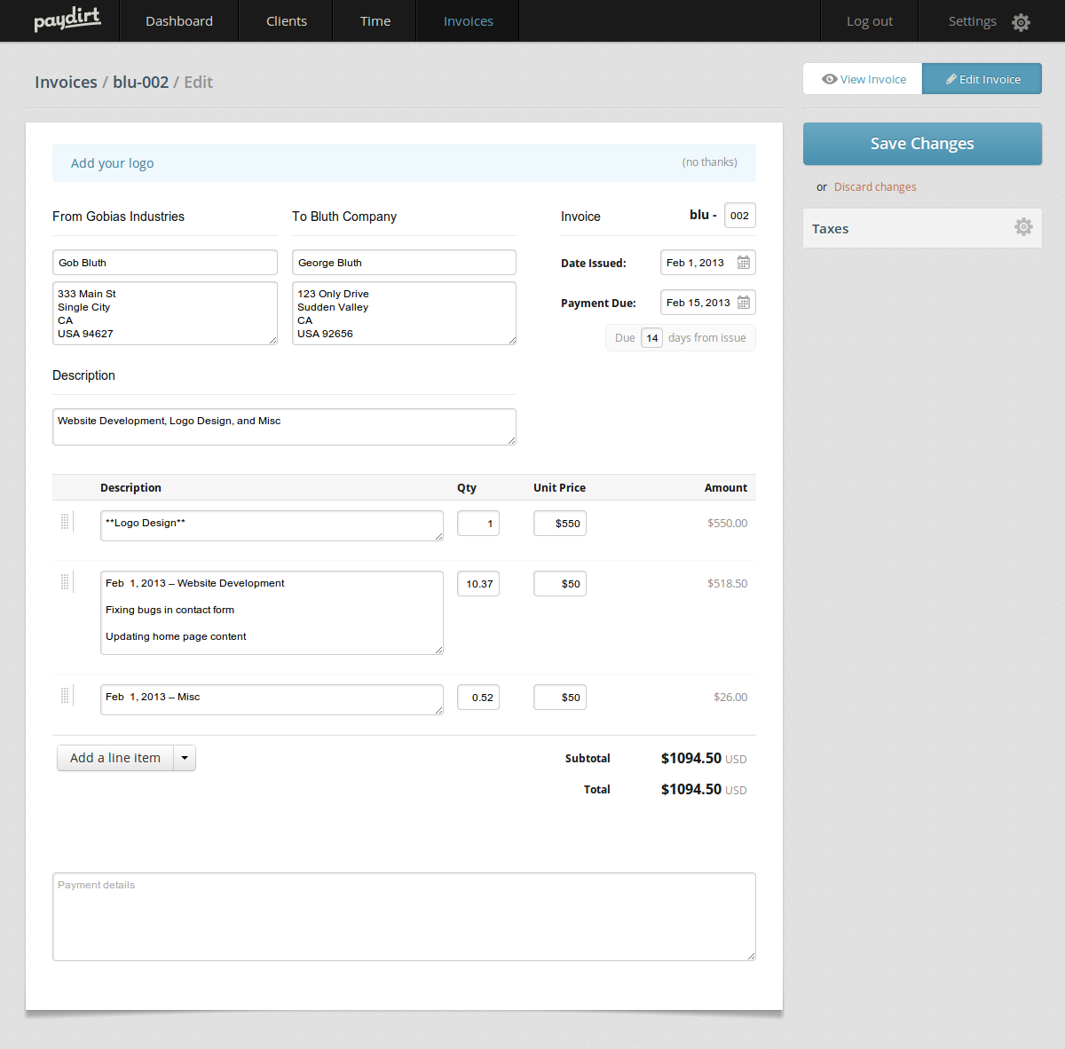 Editing an invoice visually