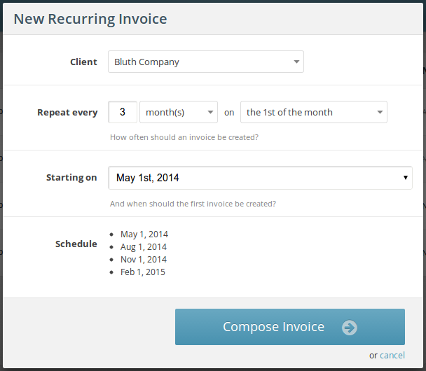 Parameters for the recurring invoice