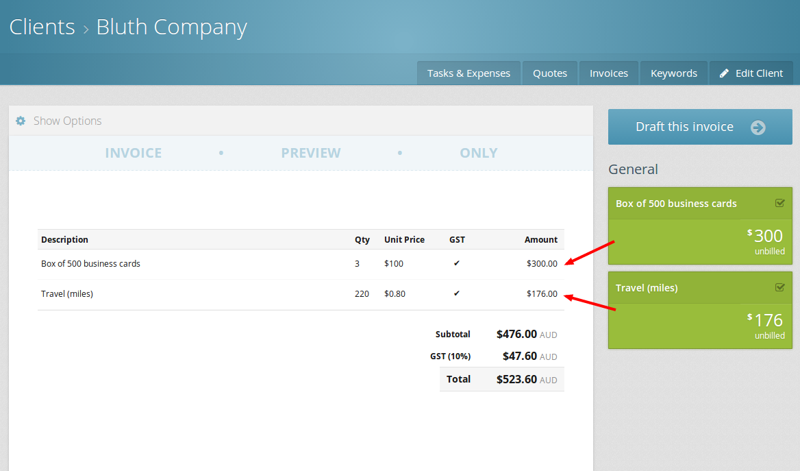 Select which expenses you want to include on the invoice.